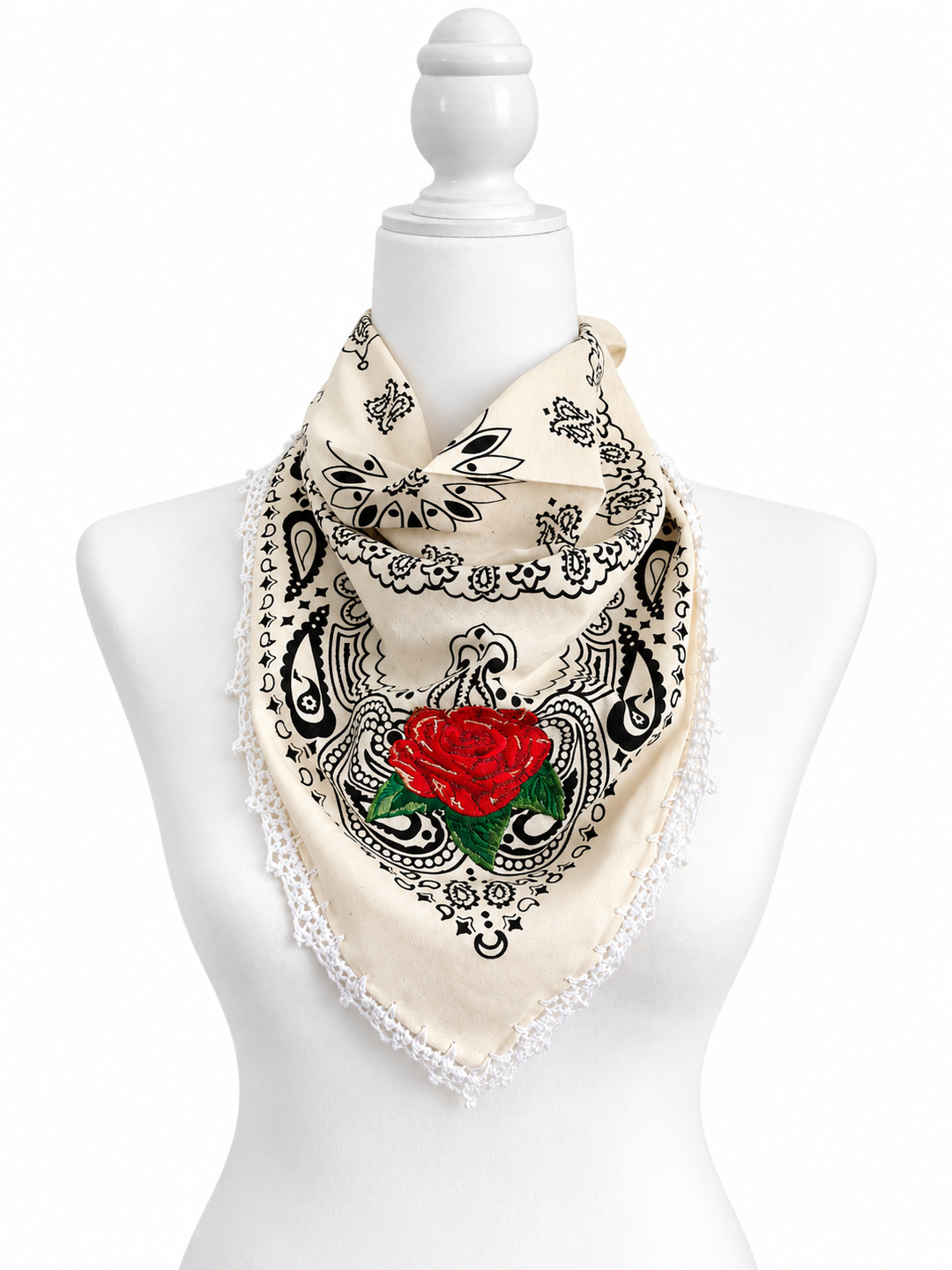 Embroidered Cotton Bandana Blue Paisley Red Rose Crochet Trim Scarf