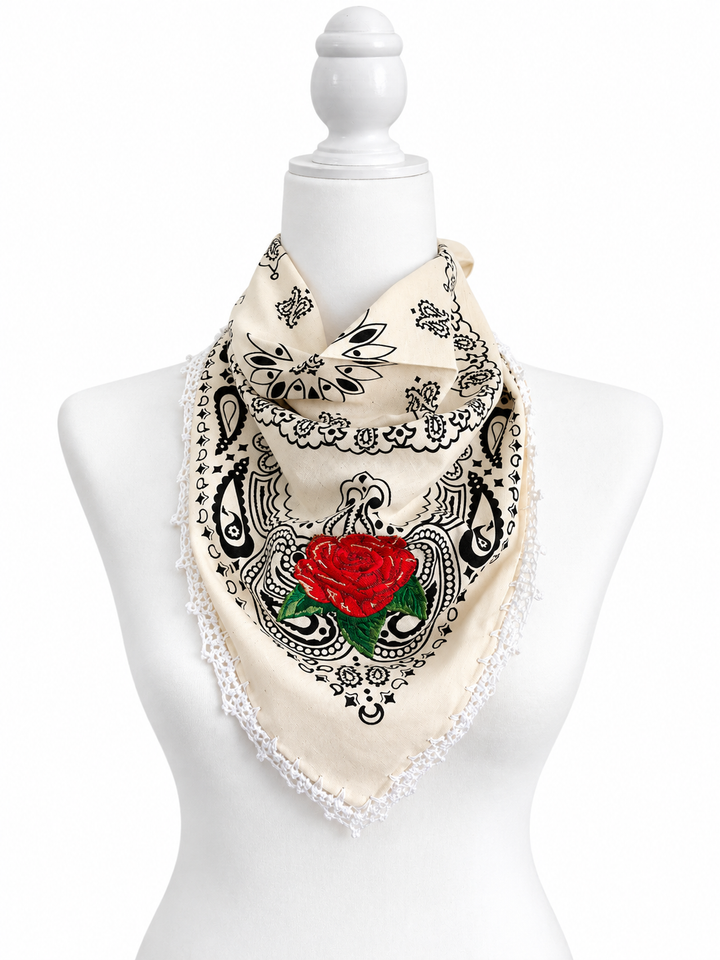 Embroidered Cotton Bandana Blue Paisley Red Rose Crochet Trim Scarf