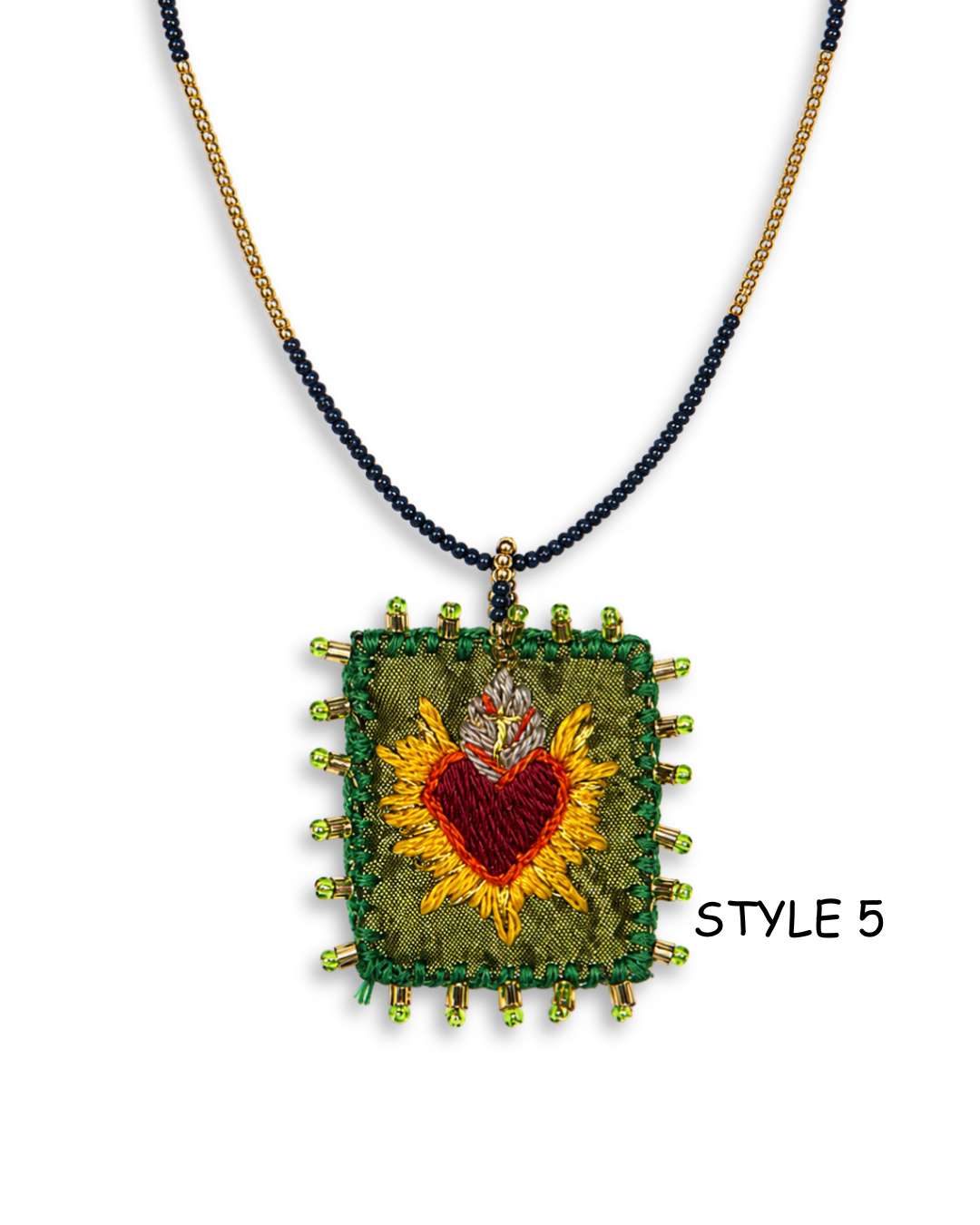 Hand Embroidered Sacred Heart Necklace – Mexican Milagros Artisan Jewelry