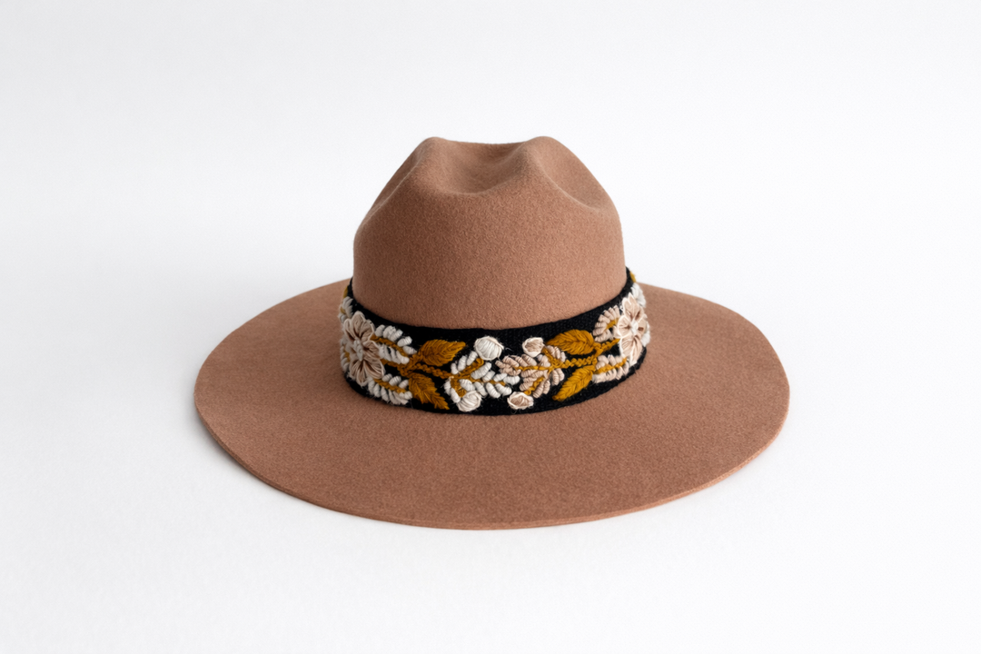 Women’s Wool Felt Fedora Hat with Hand Embroidered Band | Boho Wide Brim Hat