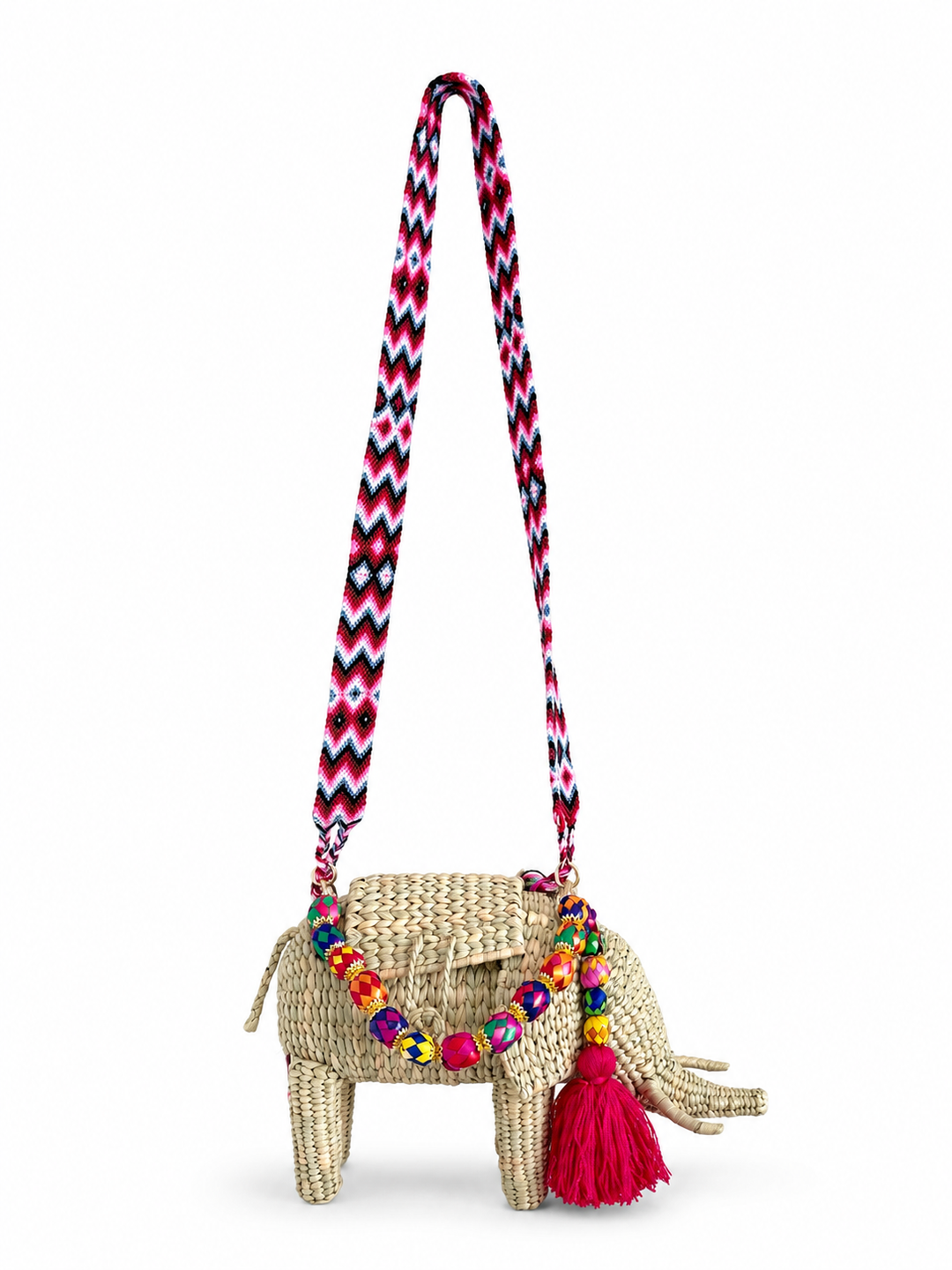 Handmade elephant straw crossbody bag with colorful woven strap, bead accents and tassel on white background
