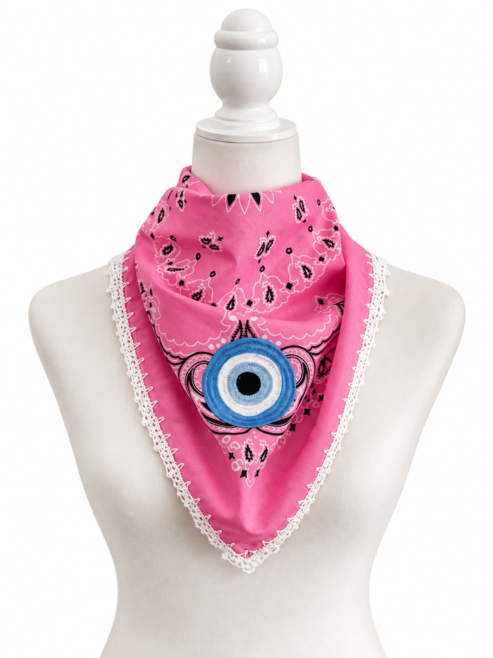 Embroidered Evil Eye Bandana – Cotton Paisley Scarf with Crochet Trim