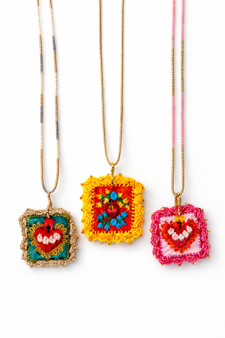 Mexican Milagros Necklace – Hand Embroidered Sacred Heart Jewelry