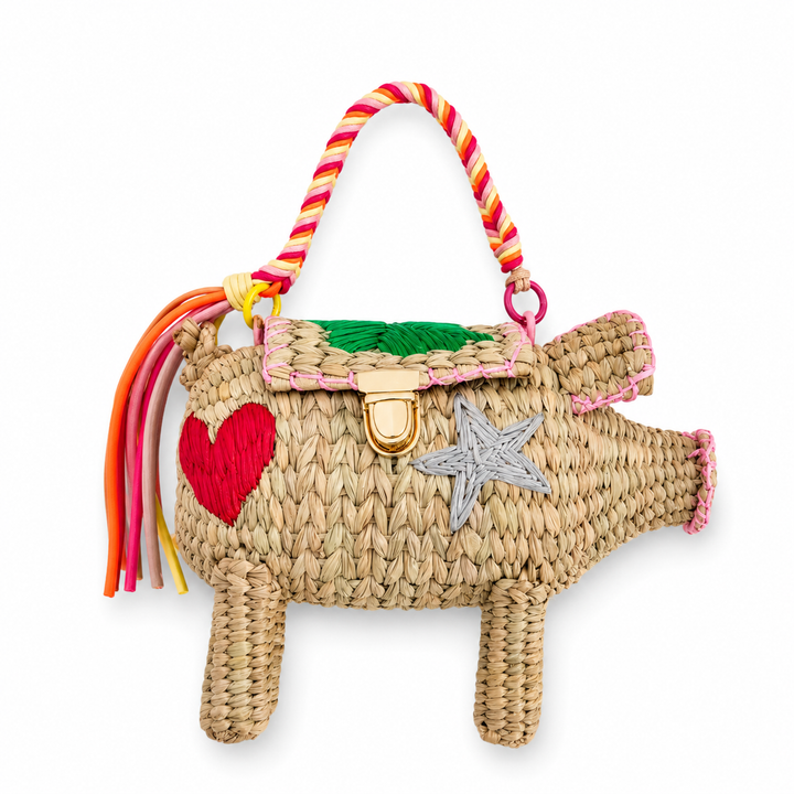 Hand embroidered pig straw bag clutch with colorful braided handle and woven animal silhouette on white background.