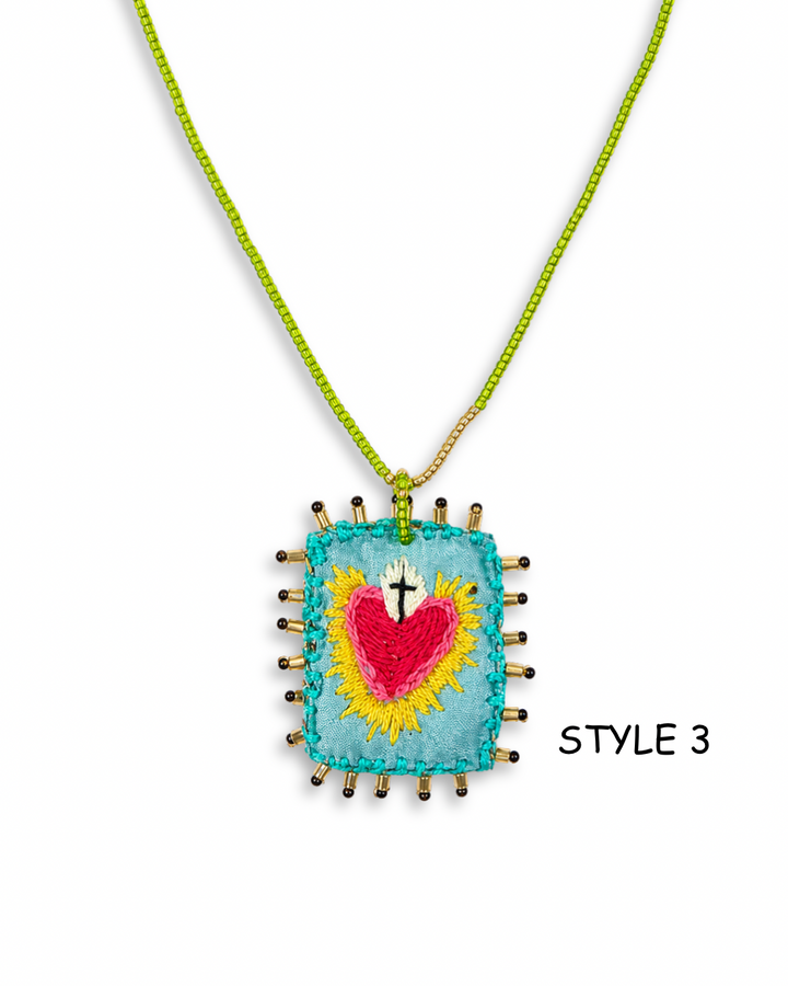 Hand Embroidered Sacred Heart Necklace – Mexican Milagros Artisan Jewelry