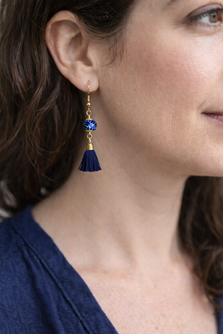 Blue Round Talavera Earrings with Tassels