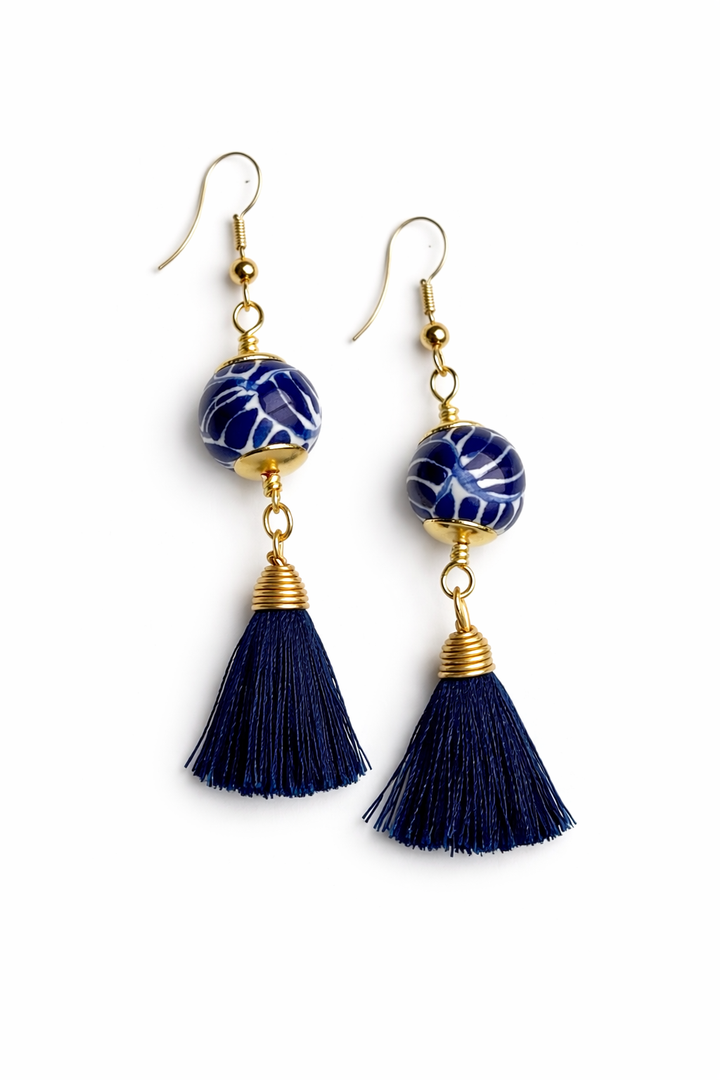 Blue Round Talavera Earrings with Tassels