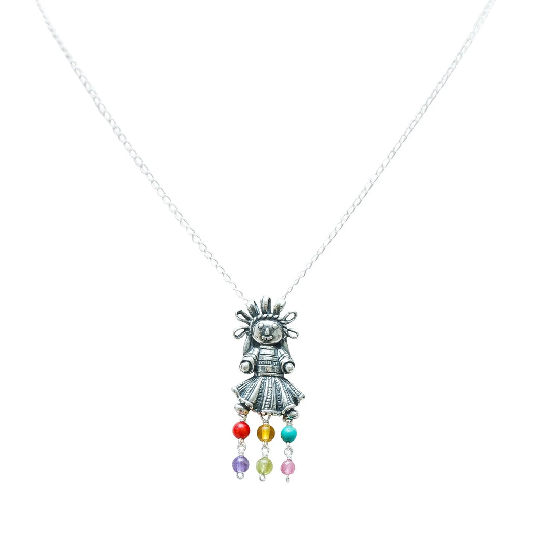 Mexican doll gemstone necklace handmade in Mexico from 925 sterling silver