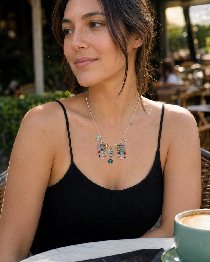 Papel picado jade necklace styled as colorful Mexican artisan jewelry by Bootsologie