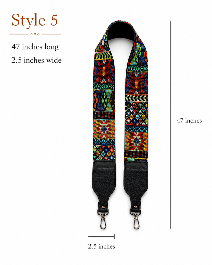 Huichol Beaded Purse Strap with Genuine Black Leather