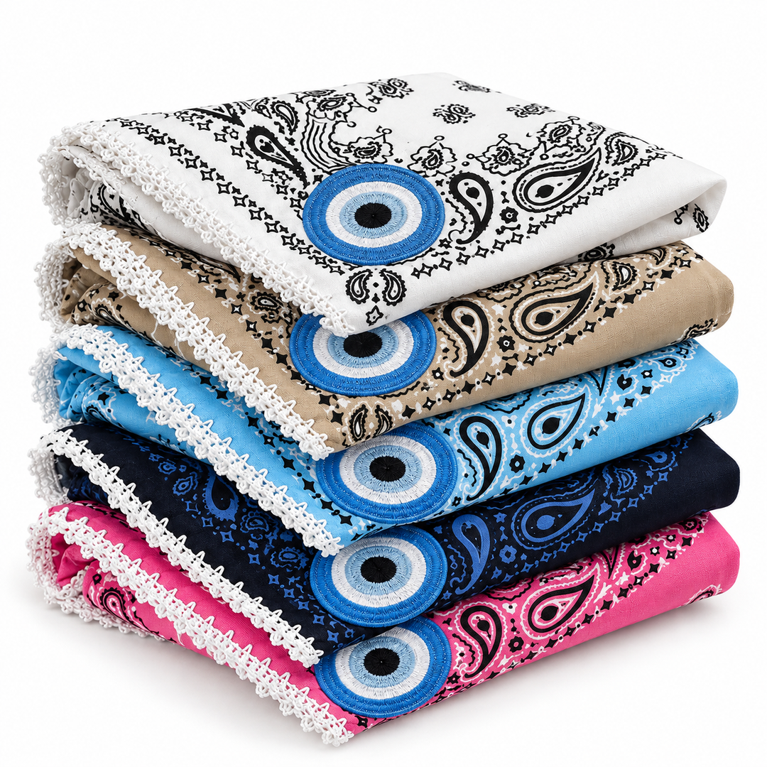 Embroidered Evil Eye Bandana – Cotton Paisley Scarf with Crochet Trim