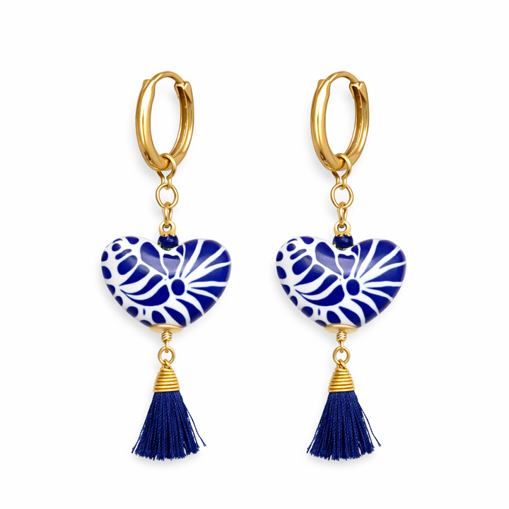 Handmade Blue Talavera Heart Earrings with Tassels from Puebla Mexico
