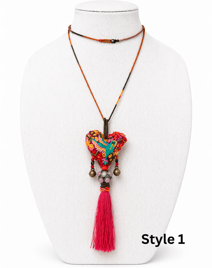 Embroidered Milagros Necklaces – Handmade Sacred Heart Inspired Jewelry