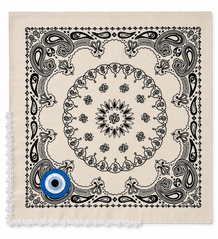 Embroidered Evil Eye Bandana – Cotton Paisley Scarf with Crochet Trim