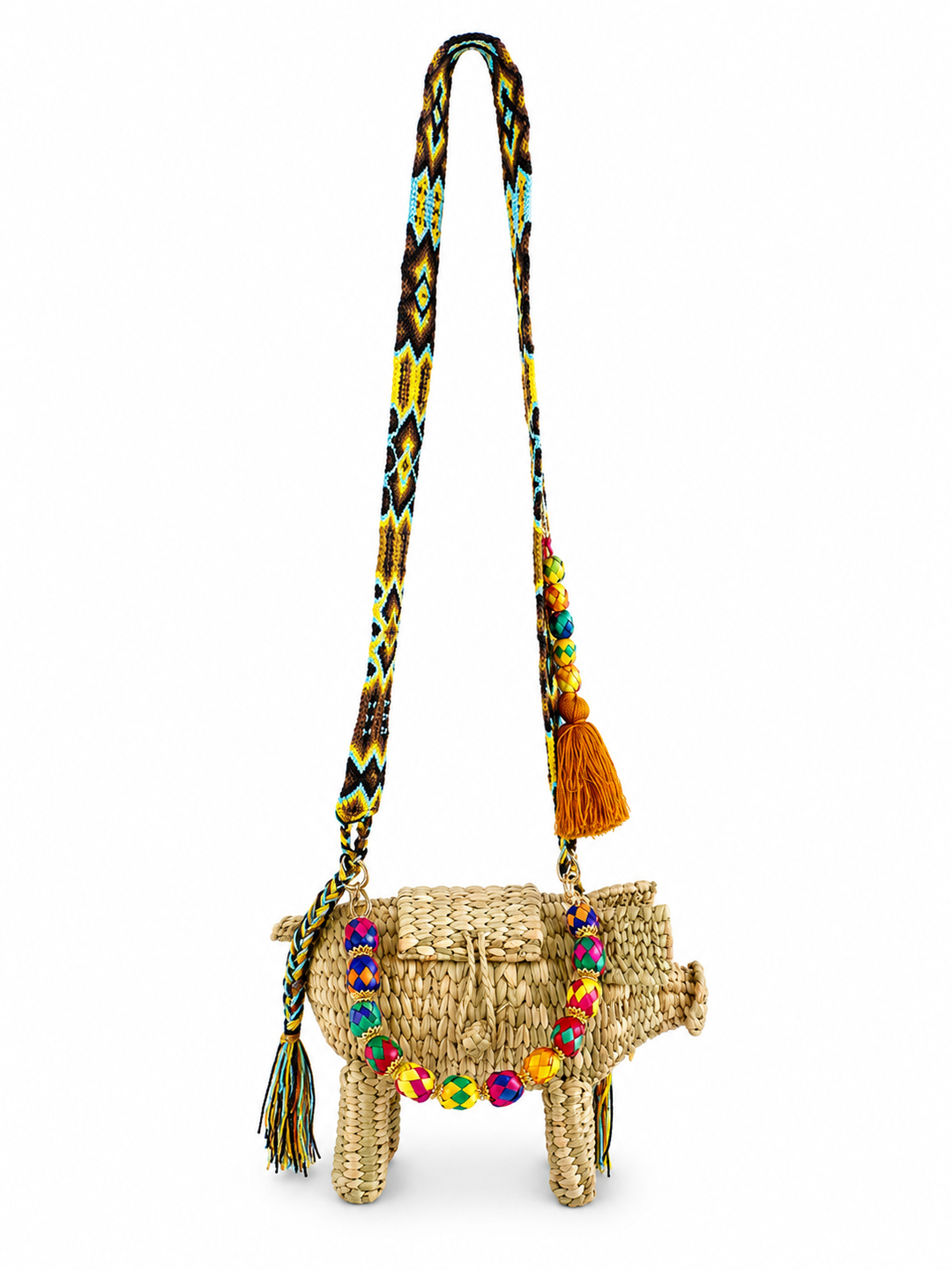 Pig Palm Crossbody Bag – Handwoven Straw Animal Bag with Woven Strap