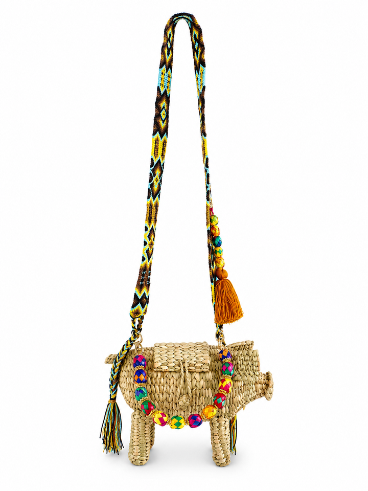 Pig Palm Crossbody Bag – Handwoven Straw Animal Bag with Woven Strap