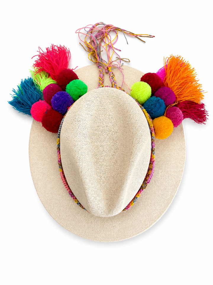 Mexican Painted Canvas Sun Hat for Women | Pom Pom Wide Brim Hat