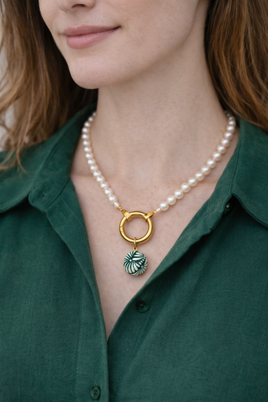 Single Green Talavera Bead &amp; Pearl Necklace