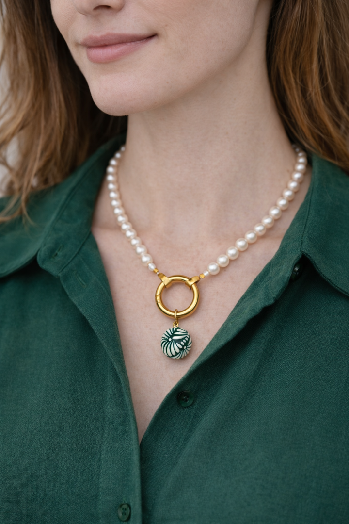 Single Green Talavera Bead &amp; Pearl Necklace