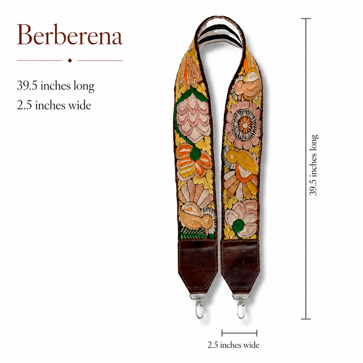     Berberena Guatemalan embroidered bag strap with ochre, blush and green floral textile and dark-brown leather ends.