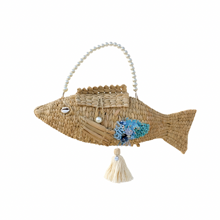 Fish-shaped straw bag with decorative elements on a white background by Bootsologie