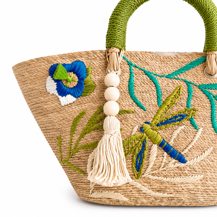 Handmade Embroidered Raffia Tote Bag
