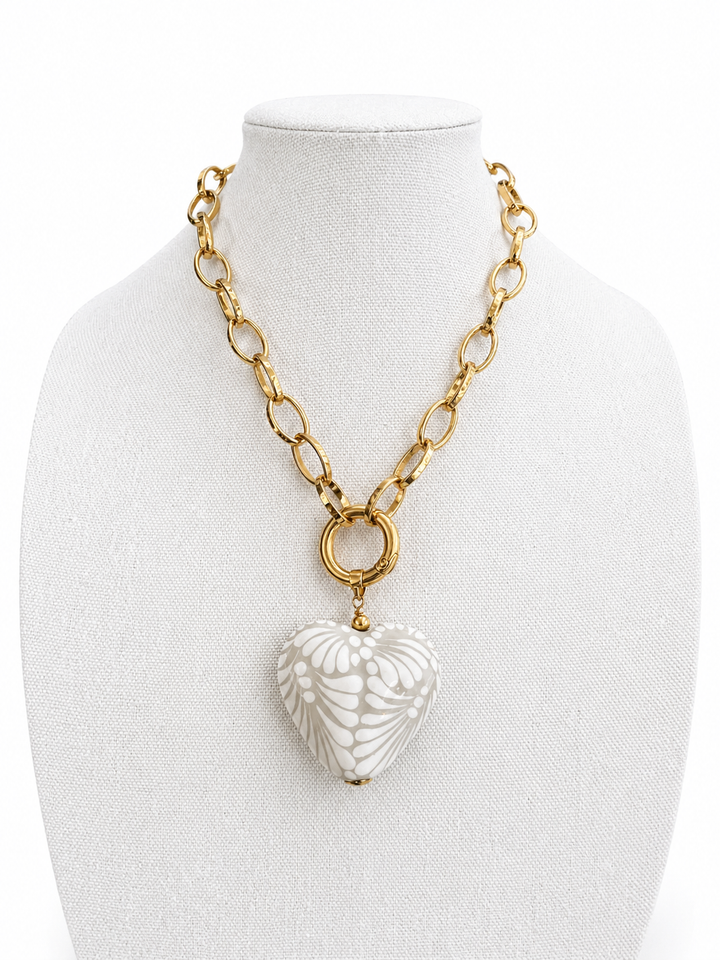 Talavera Heart Necklace with Gold Chain – Handmade Mexican Statement Jewelry