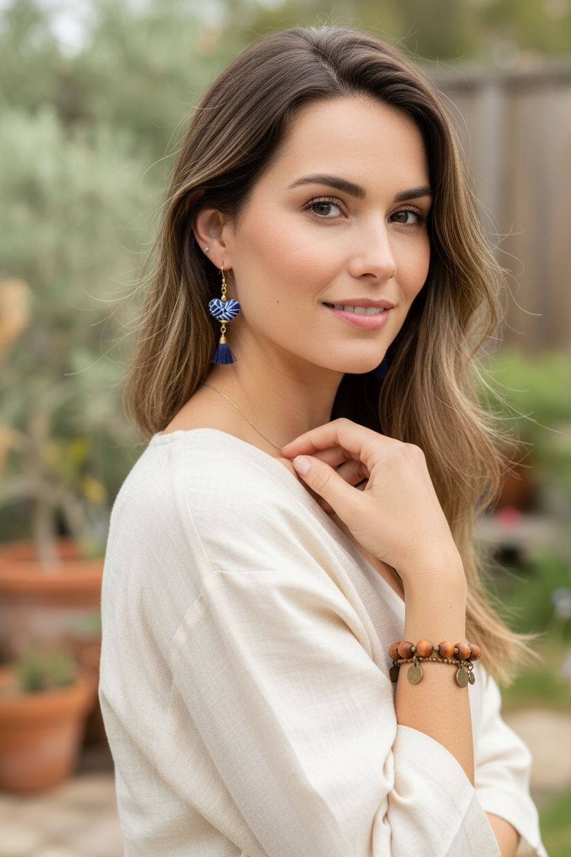 Handmade Blue Talavera Heart Earrings with Tassels from Puebla Mexico