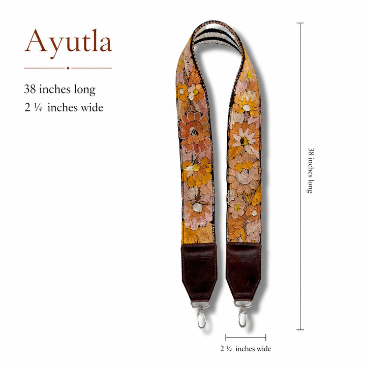     Ayutla Guatemalan embroidered bag strap in blush, ochre and brown with genuine dark-brown leather ends.
