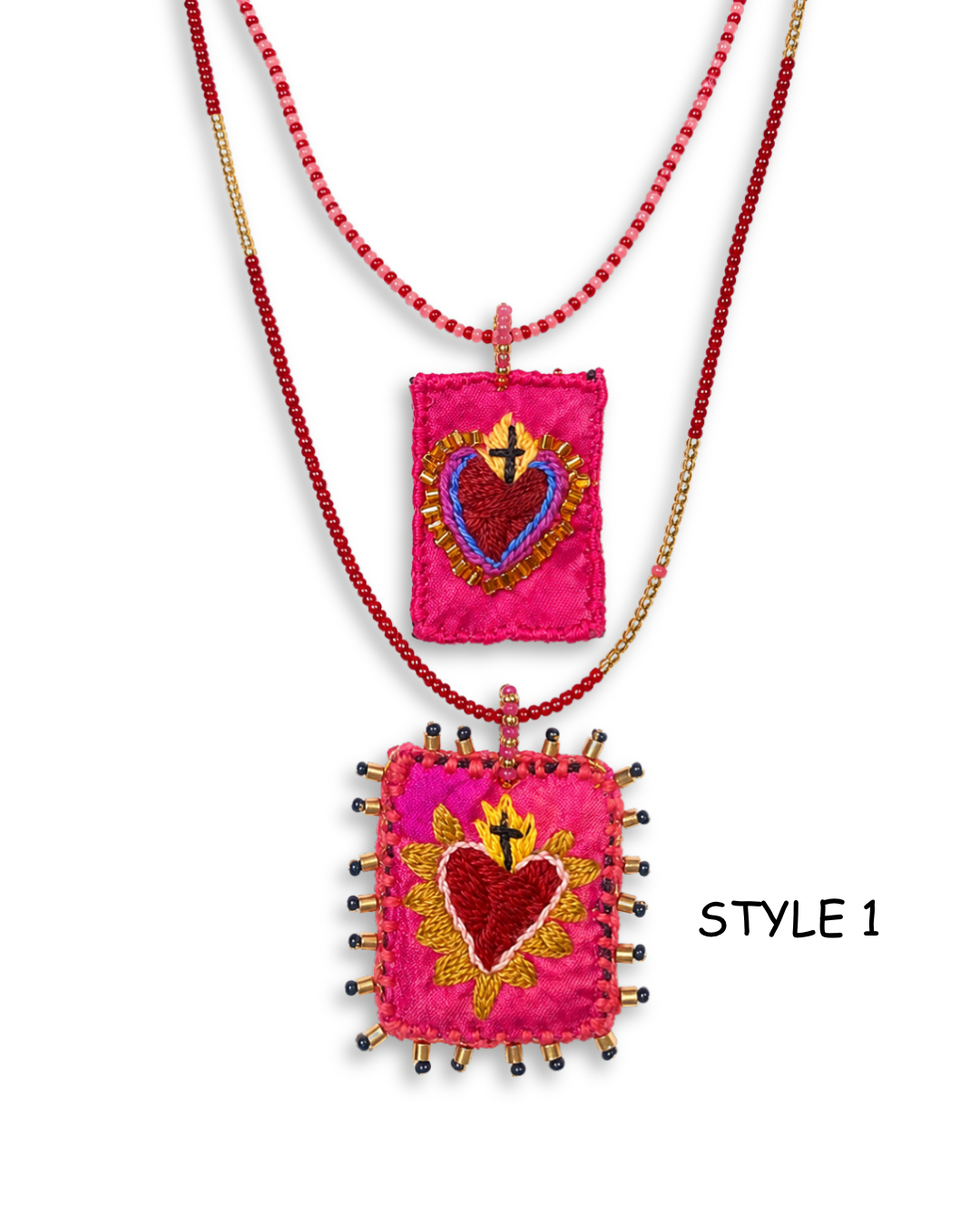 Hand Embroidered Sacred Heart Necklace – Mexican Milagros Artisan Jewelry