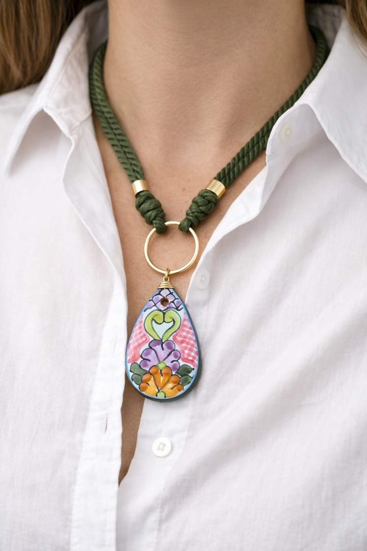 Handmade Colorful Talavera Drop Necklace from Puebla