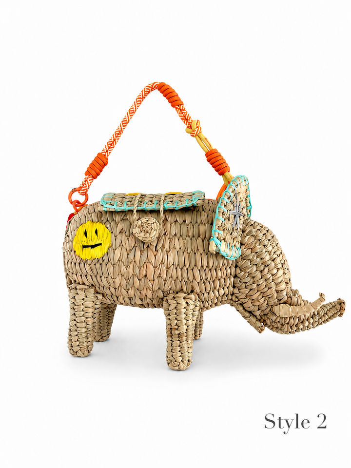 Embroidered Elephant Straw Crossbody Bag