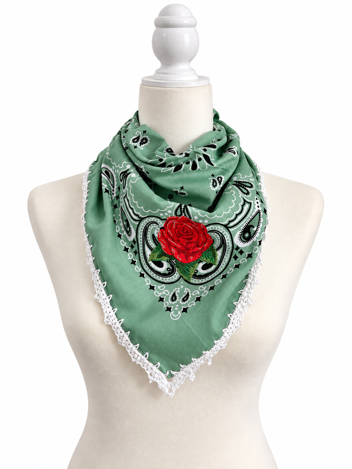 Embroidered Cotton Bandana Blue Paisley Red Rose Crochet Trim Scarf