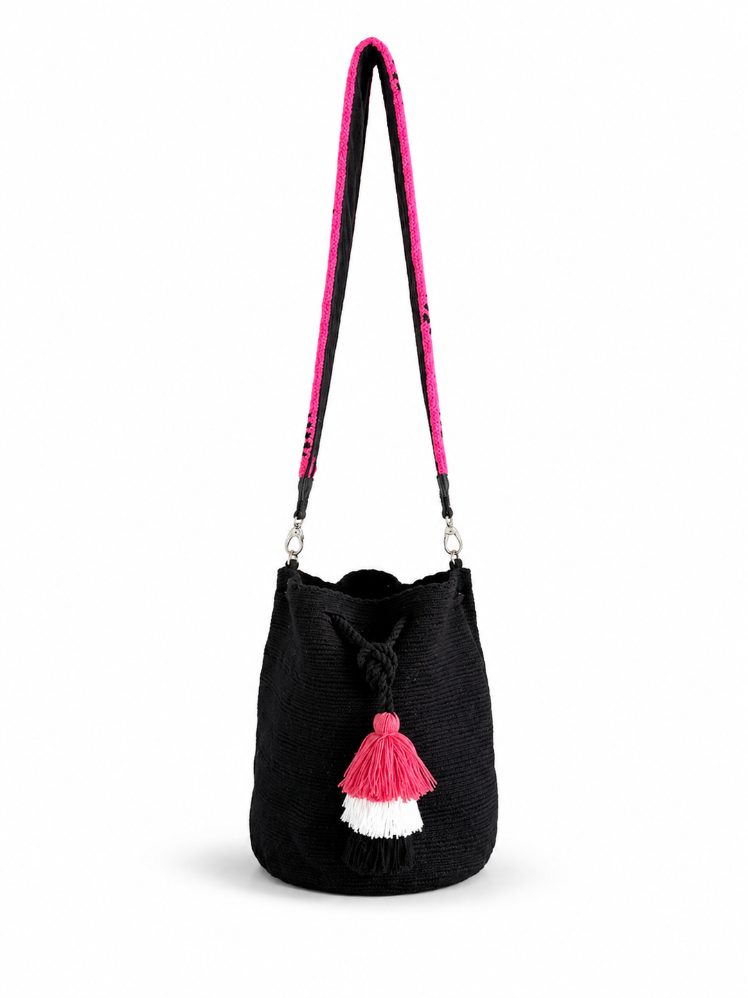 Black Wayuu Mochila Bag with Eye Motif Strap