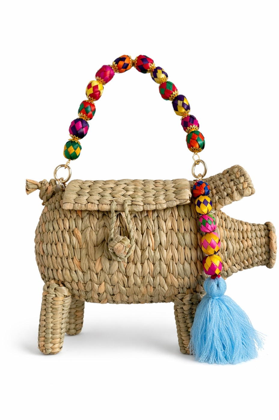 Woven pig shaped purse with natural straw texture, multicolor decorative detail and long crossbody strap