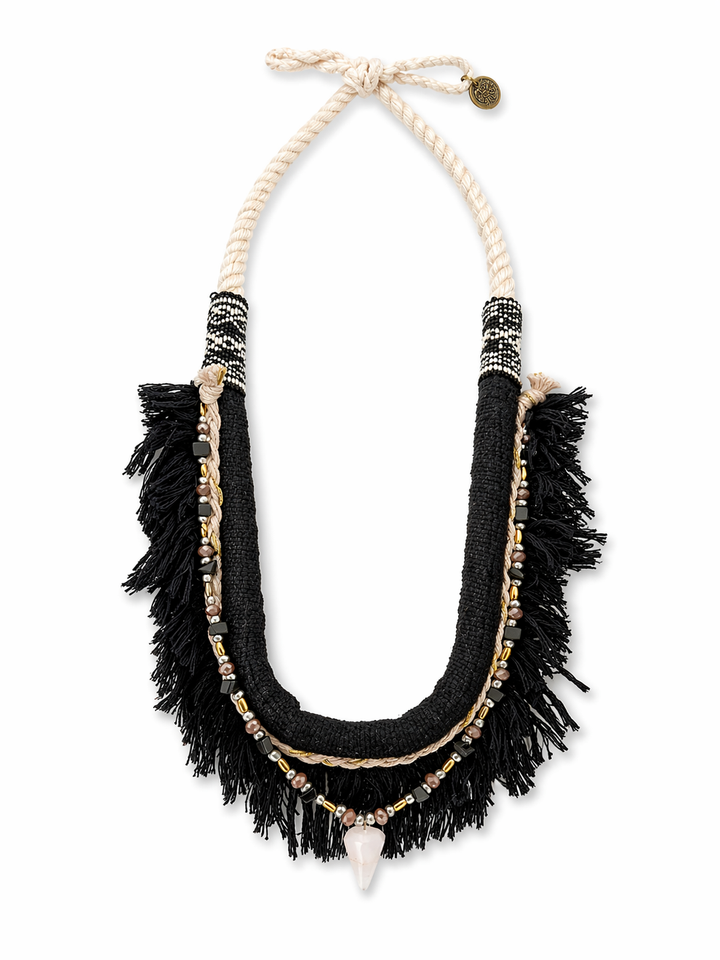 Boho Fringe Statement Necklace – Handmade Textile Bib Necklace