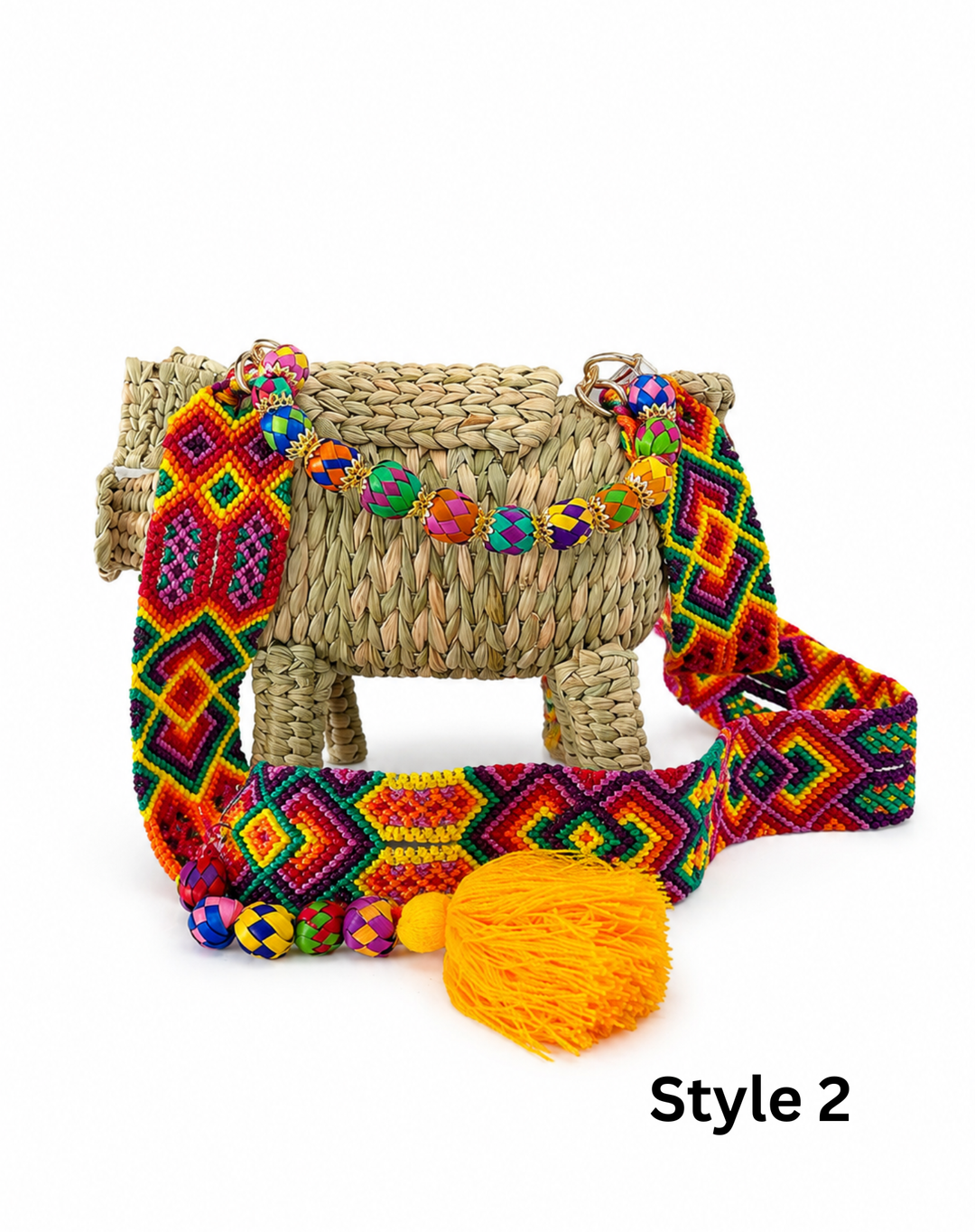 Pig Palm Crossbody Bag – Handwoven Straw Animal Bag with Woven Strap
