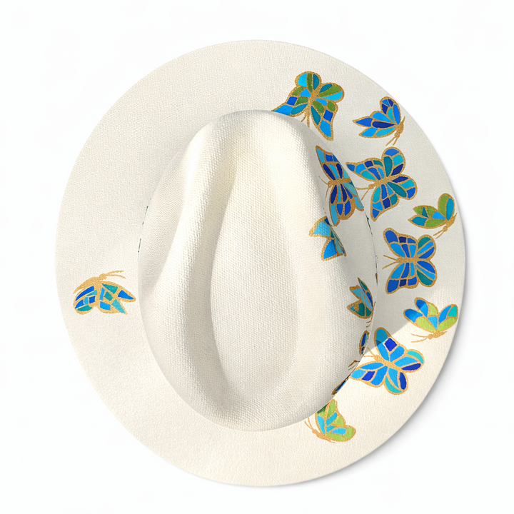Butterflies Hand Painted Fedora Hat with Huichol Band