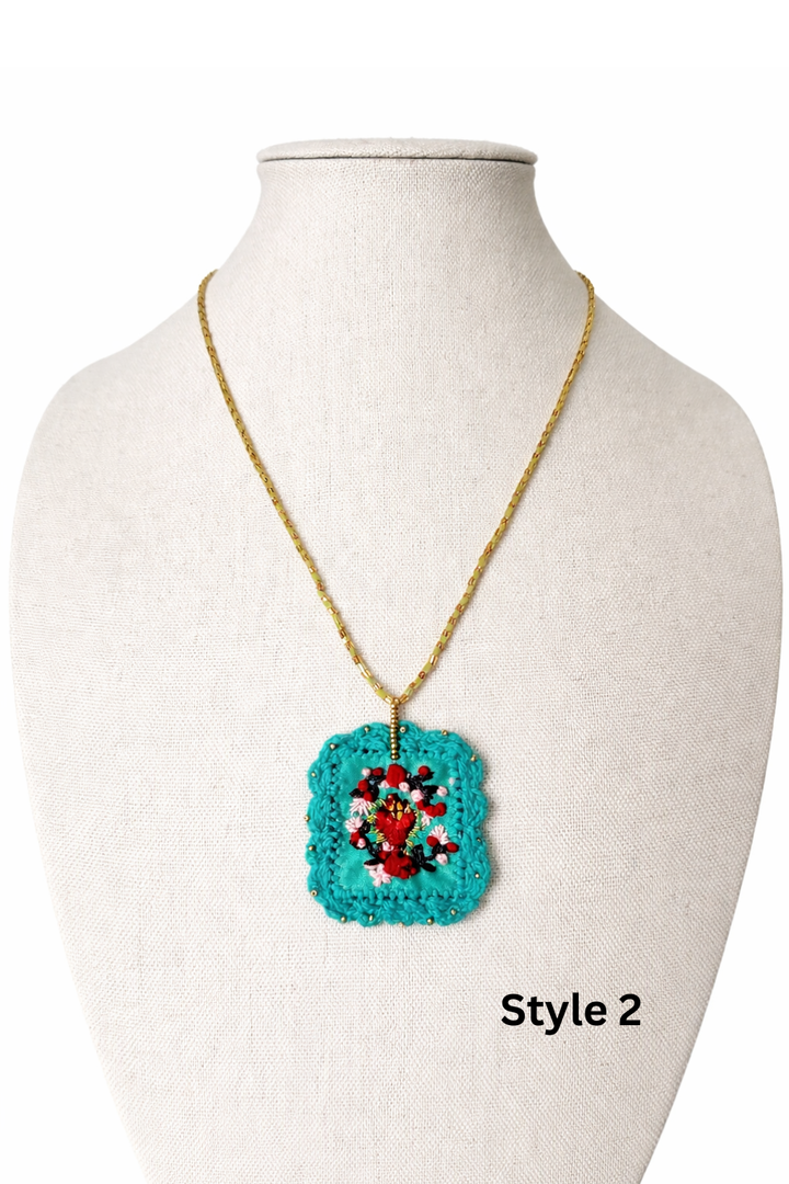 Mexican Milagros Necklace – Hand Embroidered Sacred Heart Jewelry