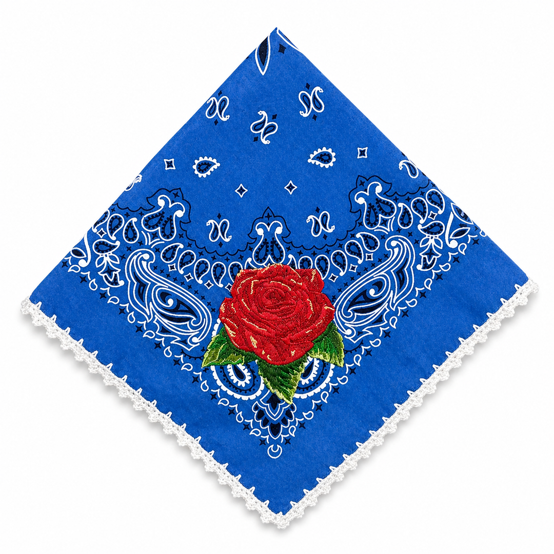 Folded bandana diamond shape embroidered rose center detail