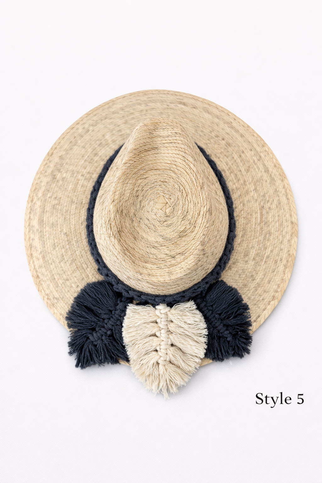 Natural woven straw hat with boho macrame band, wide brim summer sun hat by Bootsologie on white background