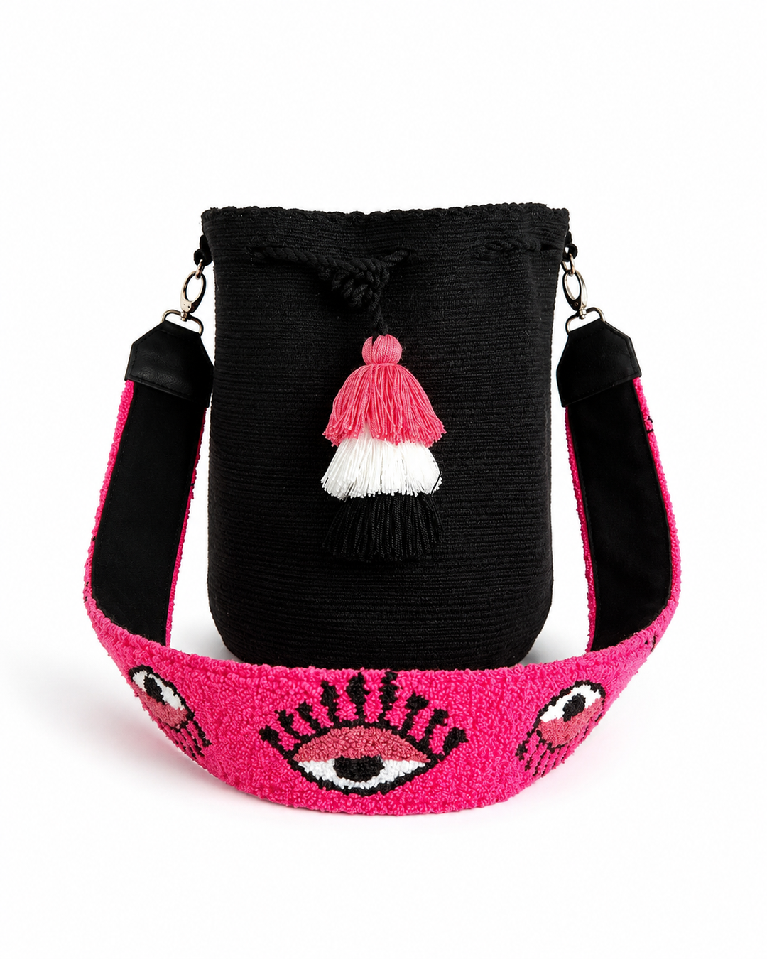 Black Wayuu Mochila Bag with Eye Motif Strap