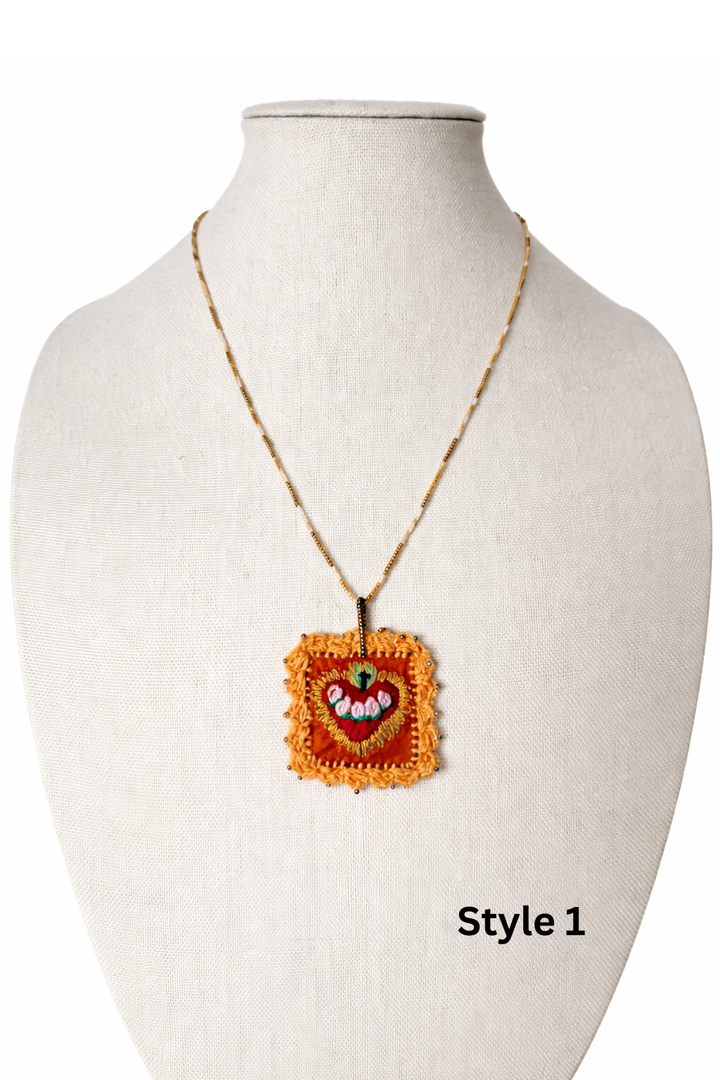 Mexican Milagros Necklace – Hand Embroidered Sacred Heart Jewelry