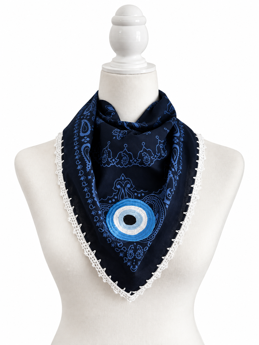 Embroidered Evil Eye Bandana – Cotton Paisley Scarf with Crochet Trim