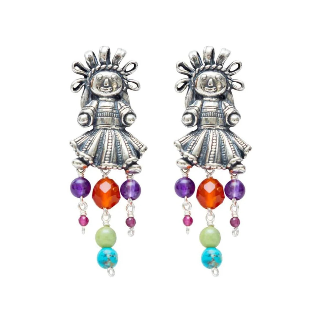 Handmade Muñeca Mexicana sterling silver earrings on white background