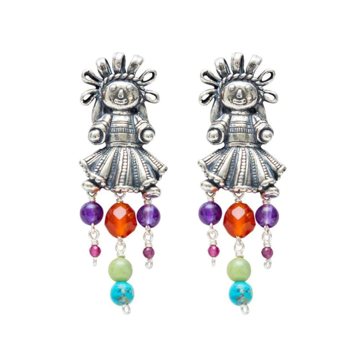 Handmade Muñeca Mexicana sterling silver earrings on white background