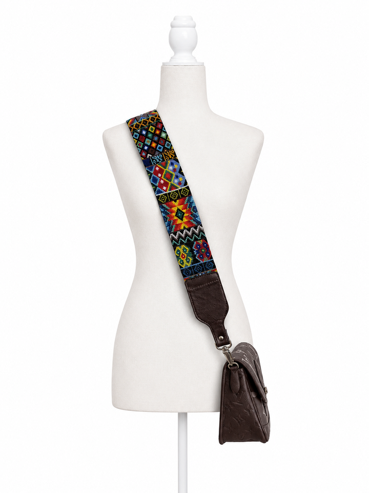 Huichol Beaded Purse Strap with Genuine Brown Leather