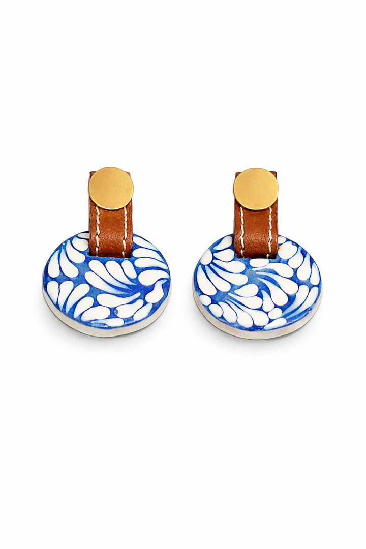 Puebla Talavera Pottery Earrings with Genuine Leather Accents