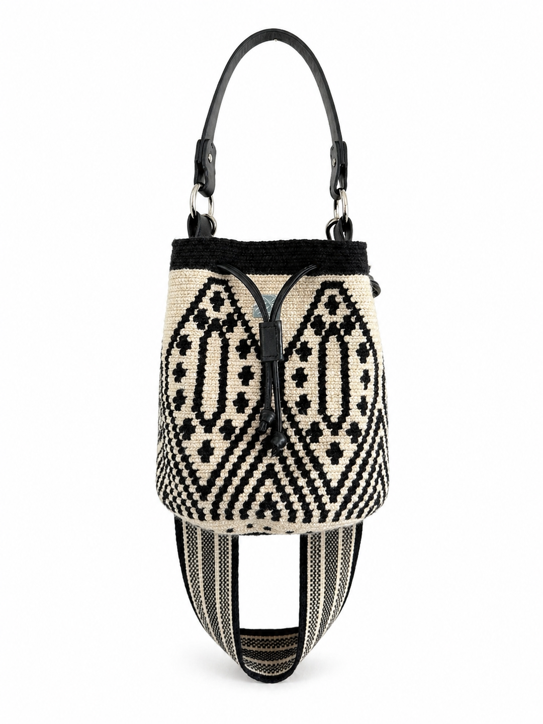     Handmade woven crossbody bucket bag black cream pattern leather trim strap front view Bootsologie