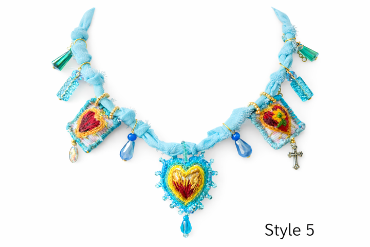 Colorful Mexican Sacred Heart necklace with handmade embroidered pendants and glass bead accents